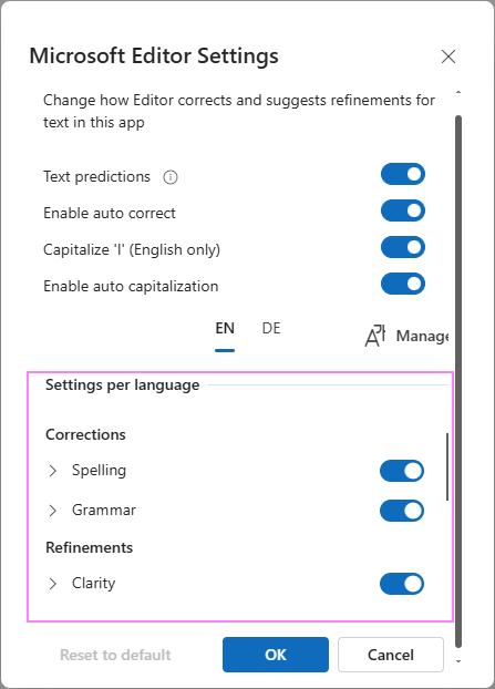 To review and fine-tune settings for each proofing language in new Outlook.