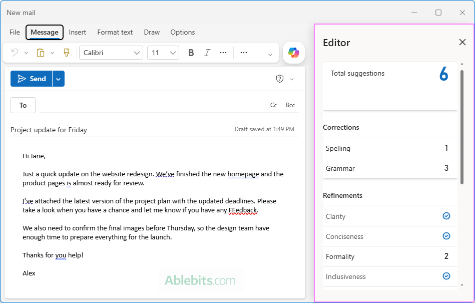 Review spelling, grammar, and style categories in the Editor pane.