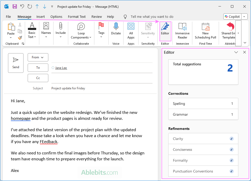 Check spelling in Outlook 365 emails using Microsoft Editor.
