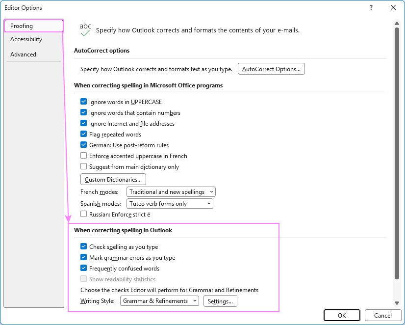 Configure proofing settings in classic Outlook.