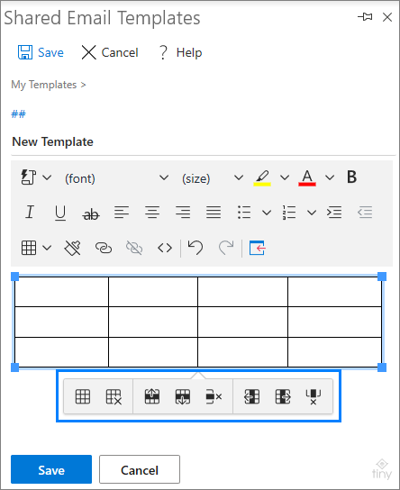 Pane to add or remove rows and columns in a table.