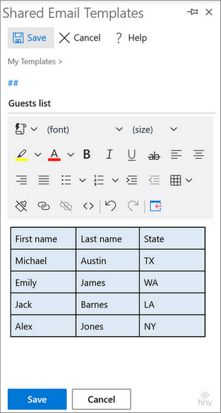 Highlighted background of the table in a template.