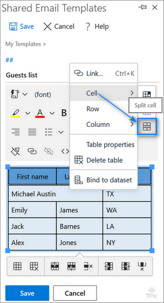 Unmerge the cells without losing their content in Outlook.