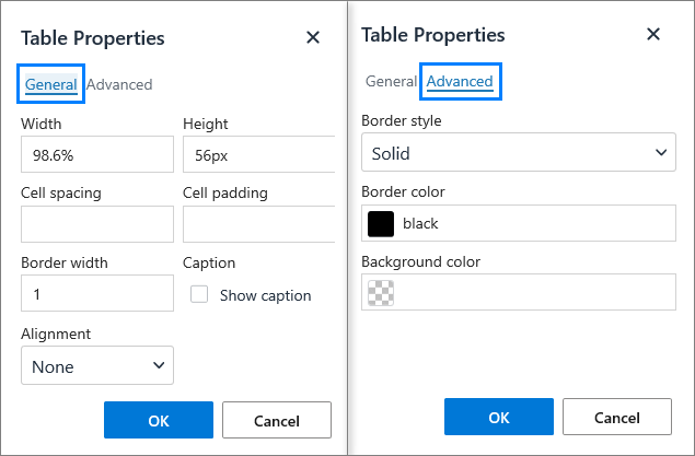 Set the desired properties for your table.