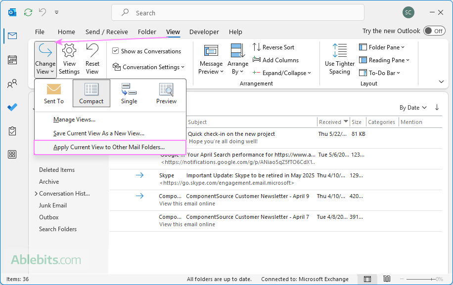 Apply the current view to other mailboxes and folders.
