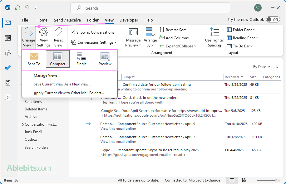 Change Outlook views.