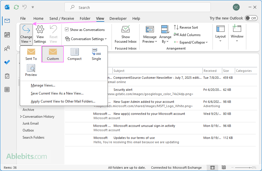 A custom view appears alongside Outlook's predefined views.