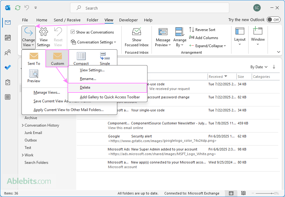 Delete a custom view in Outlook.