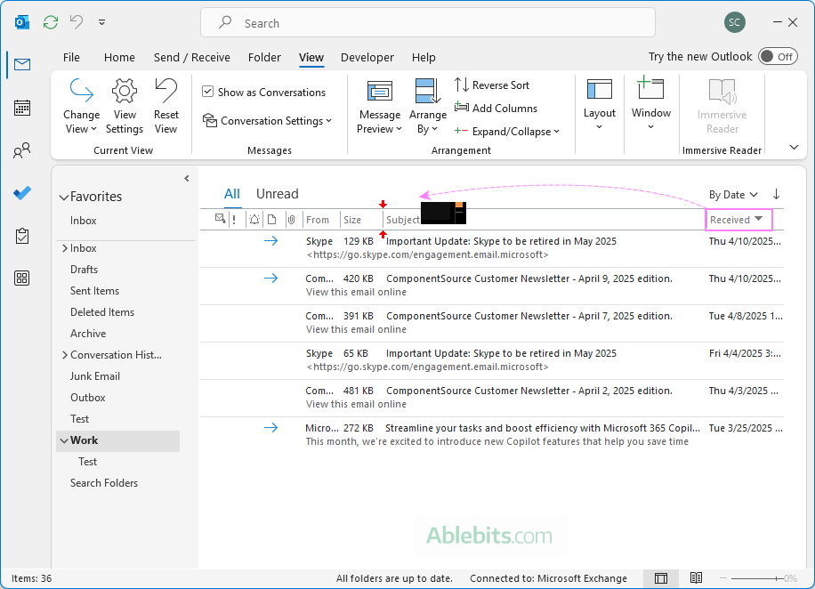 Rearrange columns in the list view by dragging.