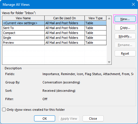 Start creating a new view in Outlook.