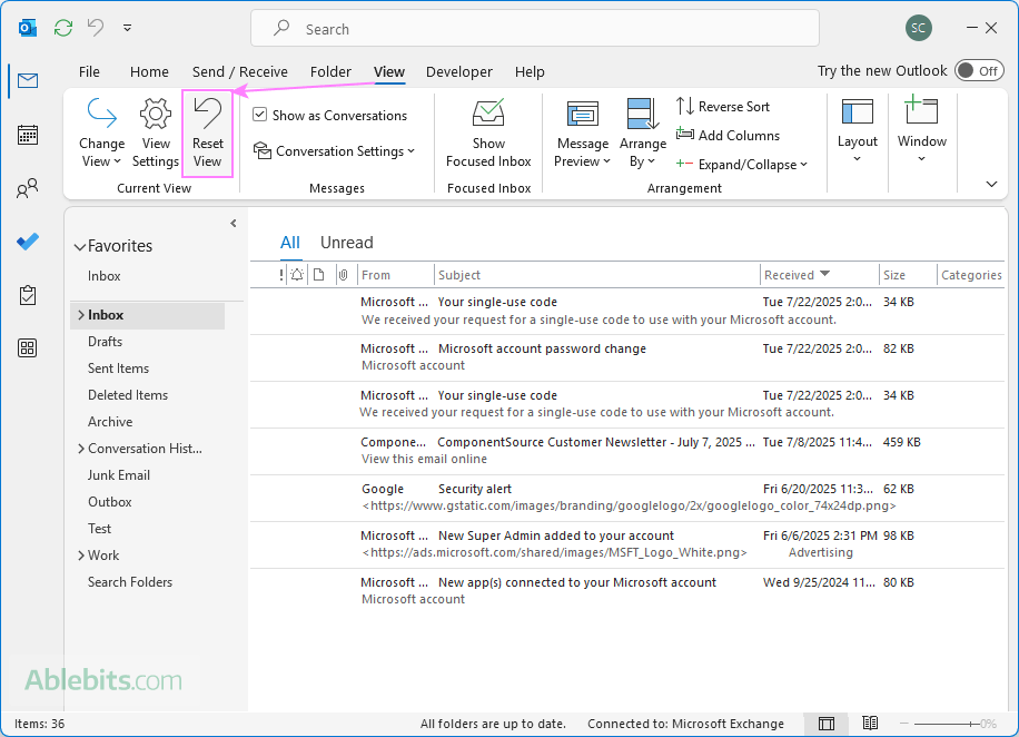 Reset an Outlook view to default.
