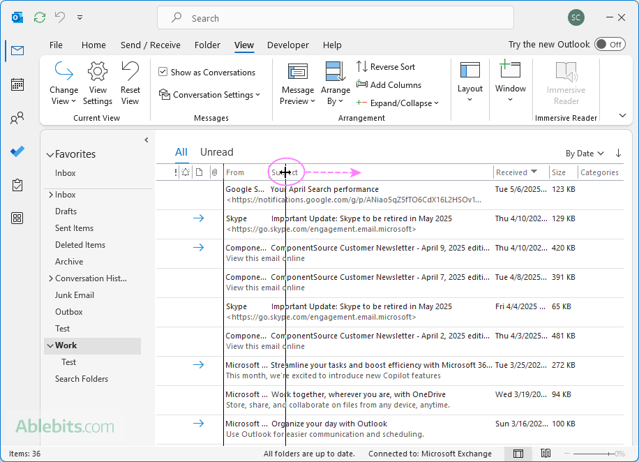 Resize columns in the Outlook email list by dragging the borders.
