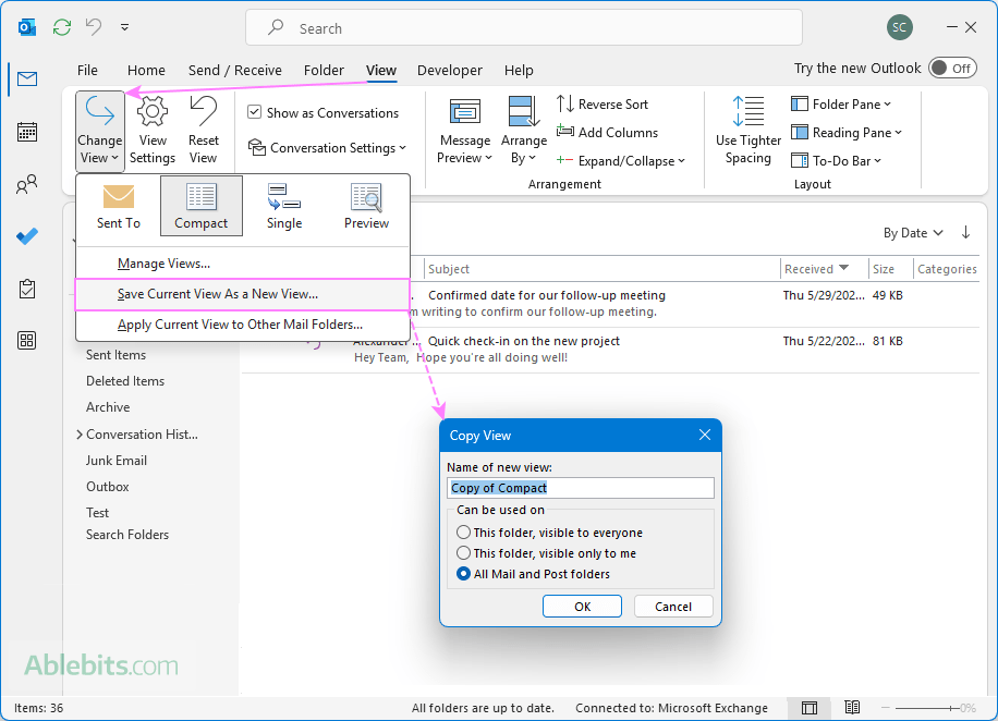 Save Outlook's current view as a new one.