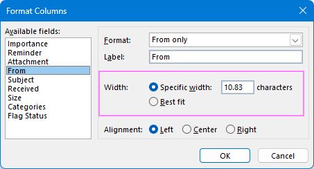 Set column width in the Format Columns dialog.