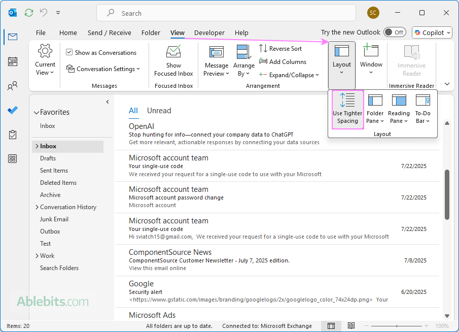 Use tighter spacing in the Outlook mail list.