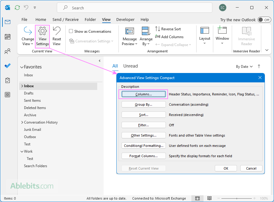Access the View settings in Outlook.