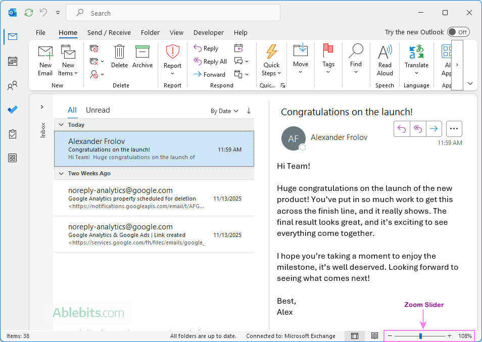 Adjust zoom while reading or replying to an email in Outlook.