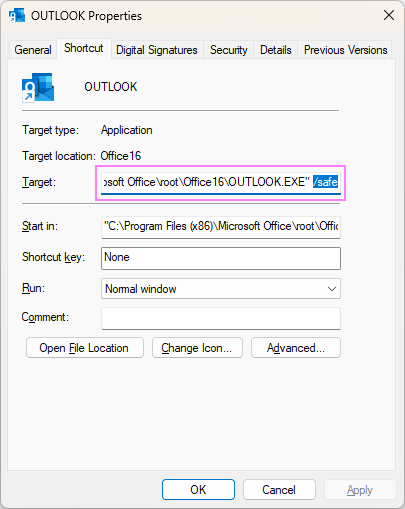 Add a command line switch to an existing Outlook shortcut.