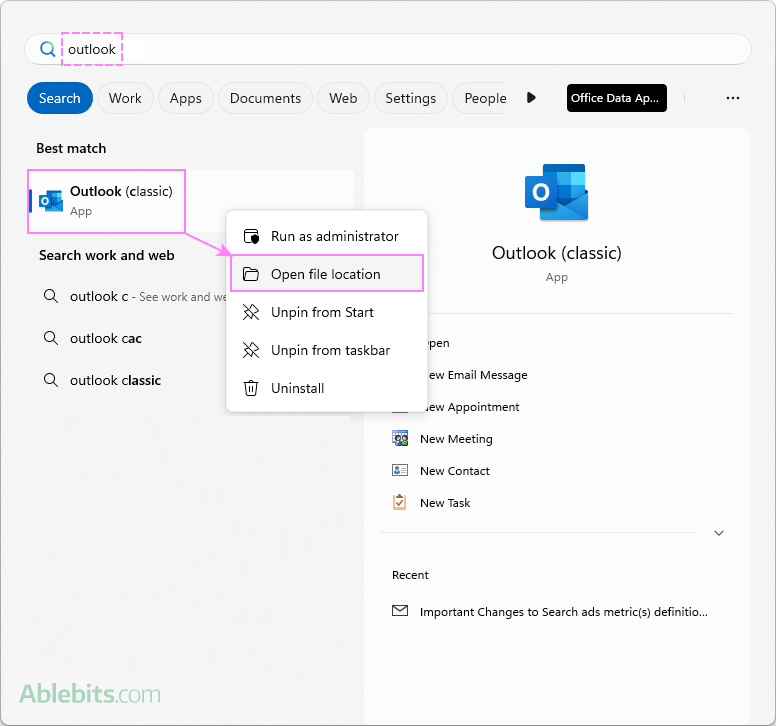 Open the Outlook app file location.