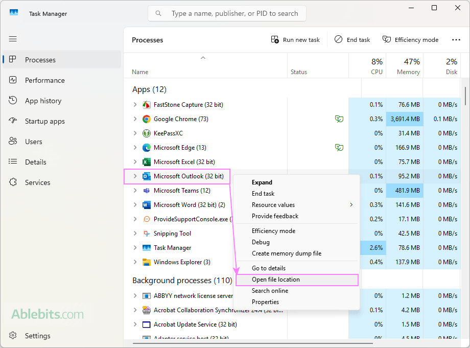 Find path to the outlook.exe file using Task Manager.