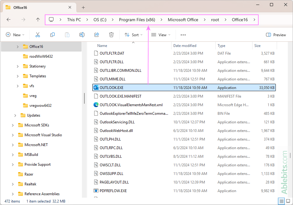 Locate the outlook.exe file manually in File Explorer.