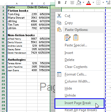 Pick the needed columns and select the Insert Page Break option from the menu list