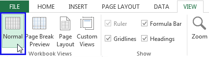 Click on the Normal icon under the View tab in Excel