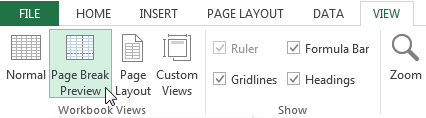 Go to the View tab and click on the Page Break Preview icon in the Workbook Views group
