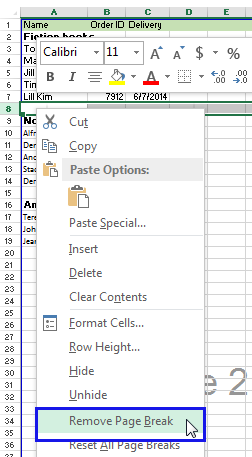 Pick the needed column or row and select the Remove Page Break option from the menu list