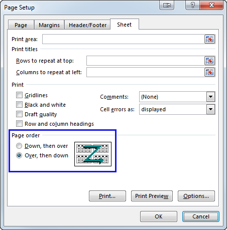 Find the Page order group and select the Down, then over or Over, then down radio button