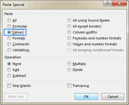 Paste Special option to copy values