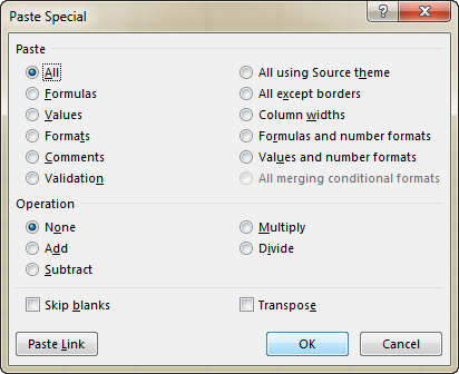 Excel Paste Special options