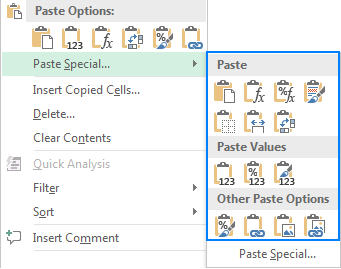 A fly-out menu provides additional paste options