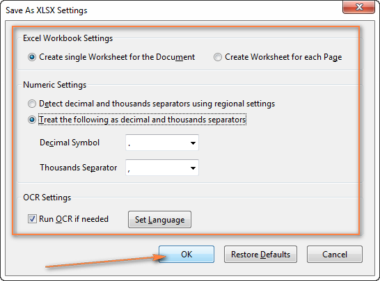 Configure the settings to convert your PDF file to Excel.