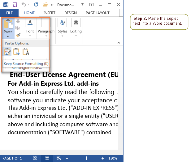 pasting text with source formatting in word