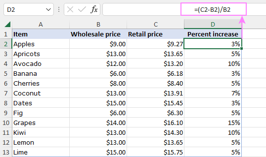 Calculating percent increase in Excel