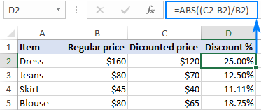 Formula to calculate discount percentage in Excel