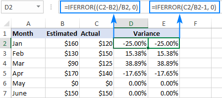 How to calculate variance percentage in Excel - percent change formula