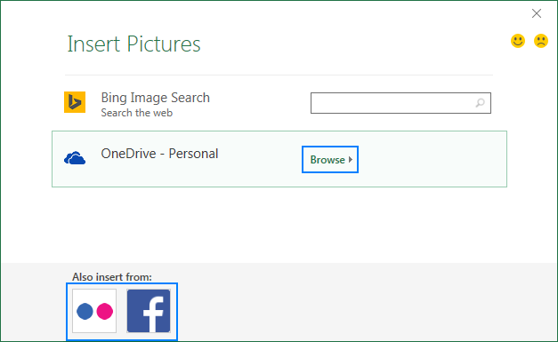 Inserting a picture in Excel from OneDrive, Facebook or Flickr