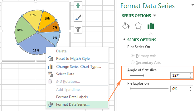 Use the 'Angle of first slice' option to rotate an Excel pie chart