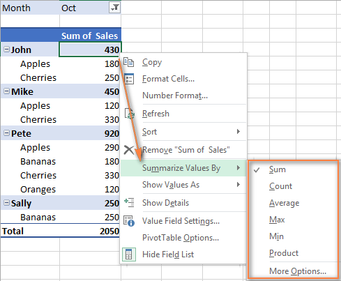 Choosing the function for the Values field.