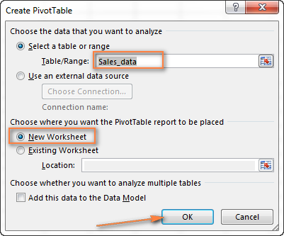 Choose the target location for your Excel pivot table.