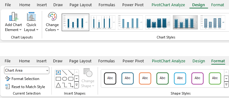 Adjust a pivot chart's colors and styles using the Design and Format tabs.