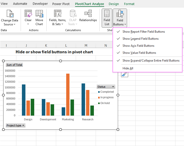 Hide and show field buttons in a pivot chart.