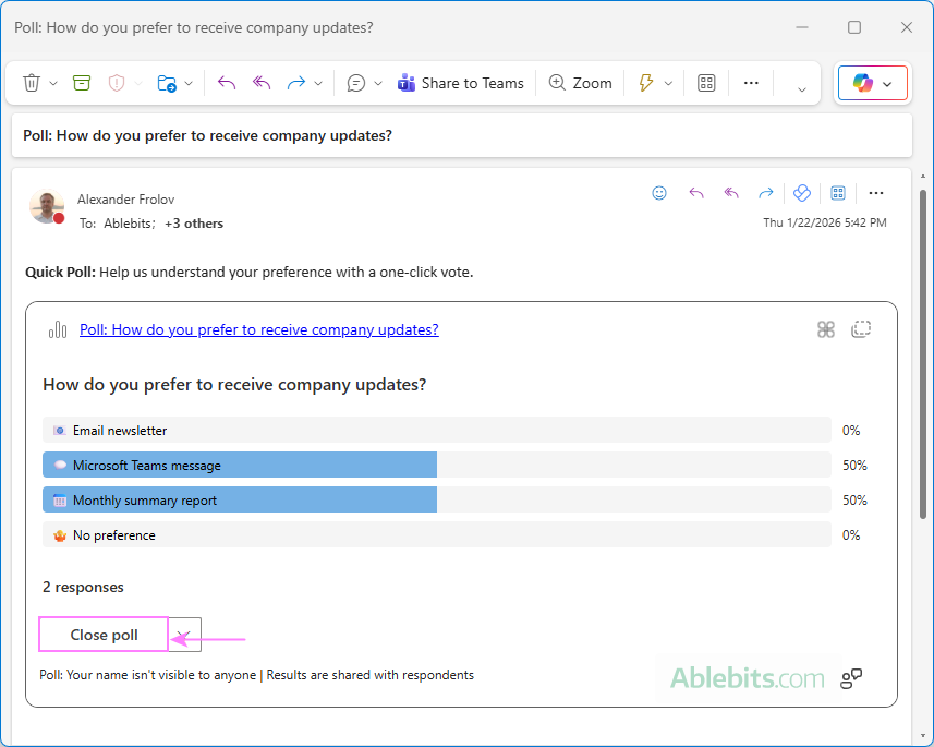 Close a poll in Outlook.
