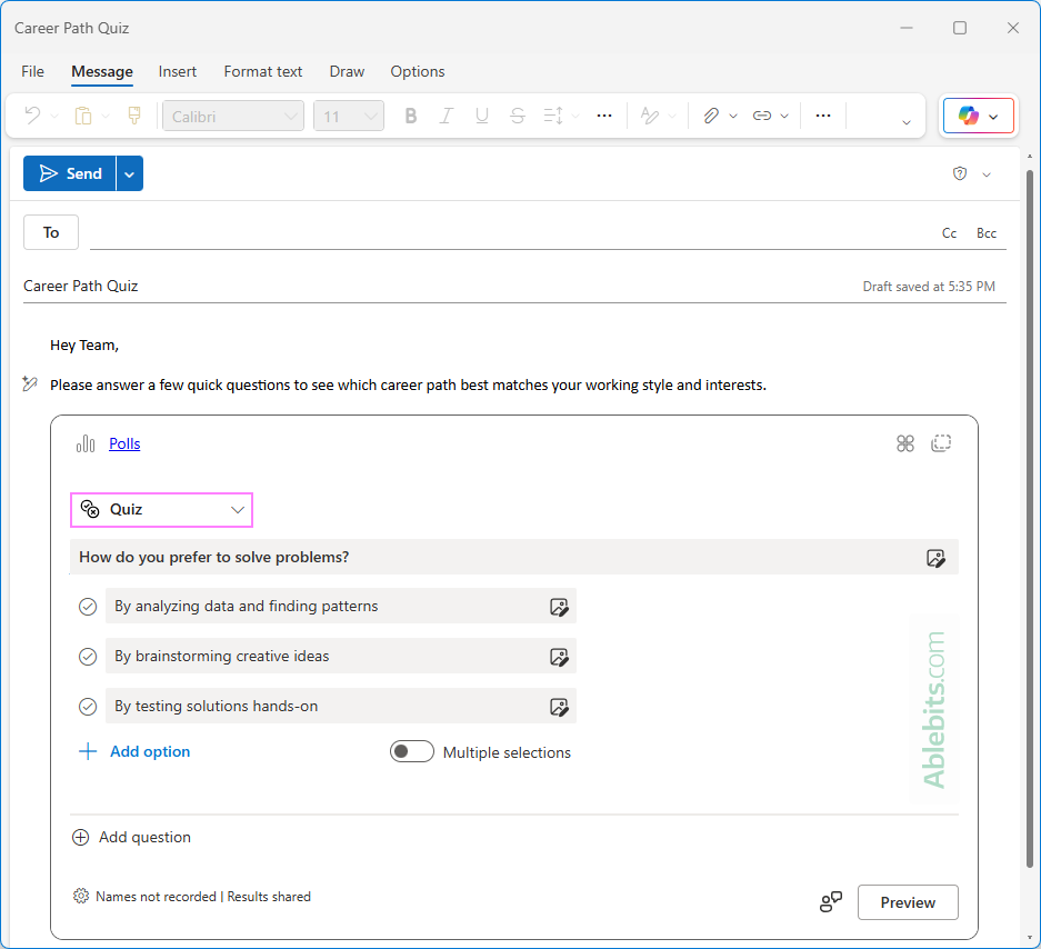 make a quiz in Outlook