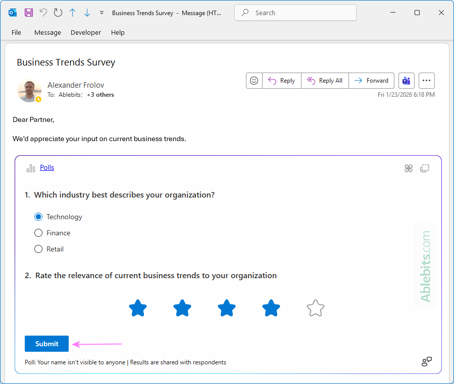 Respond to a poll from an Outlook email.
