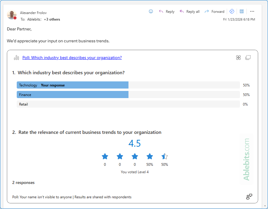 Poll respondents can see the results in Outlook.