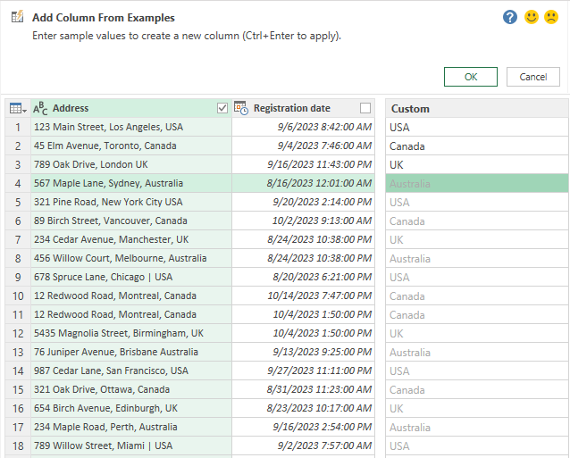 Add a column from example in Power Query.