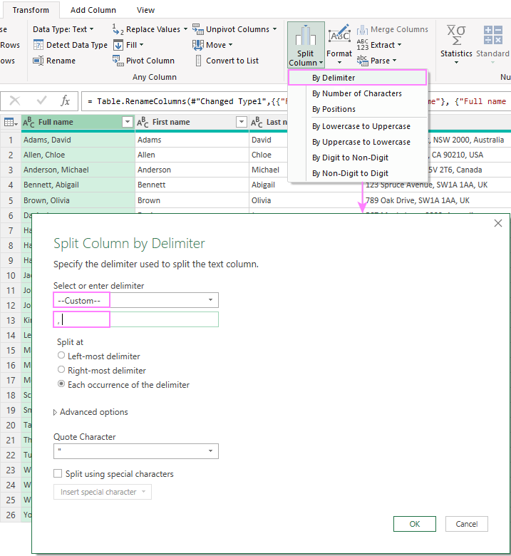 Split a column by delimiter in Power Query.